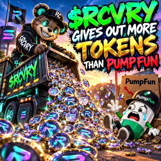 A colorful promotional graphic with a teddy bear character on a truck dumping tokens, reading "$RCVRY GIVES OUT MORE TOKENS THAN PUMP FUN," with a small green "PumpFun" character crying on the right.