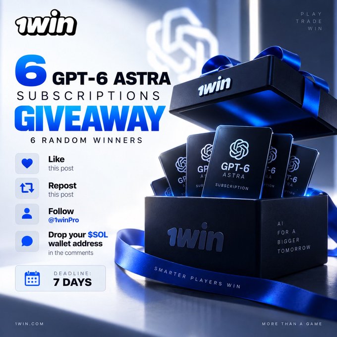 The image is a promotional giveaway poster from 1win featuring a sleek black gift box adorned with a blue ribbon and "GPT-6 Astra" subscription cards fanning out, advertising 6 free subscriptions to 6 random winners with instructions to follow @1winPro, like, repost, and comment with a Solana wallet address within 7 days.