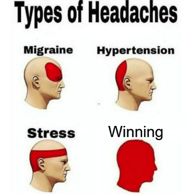 The image shows an infographic titled "Types of Headaches" illustrating four pain patterns on head profiles: Migraine (front/temple area), Hypertension (back of head), Stress (across the forehead), and Winning (entire head highlighted in red). The "Winning" category humorously suggests that success comes with overwhelming headache-level pain, reflecting the post's frustration that the feeling has become excessive rather than enjoyable.