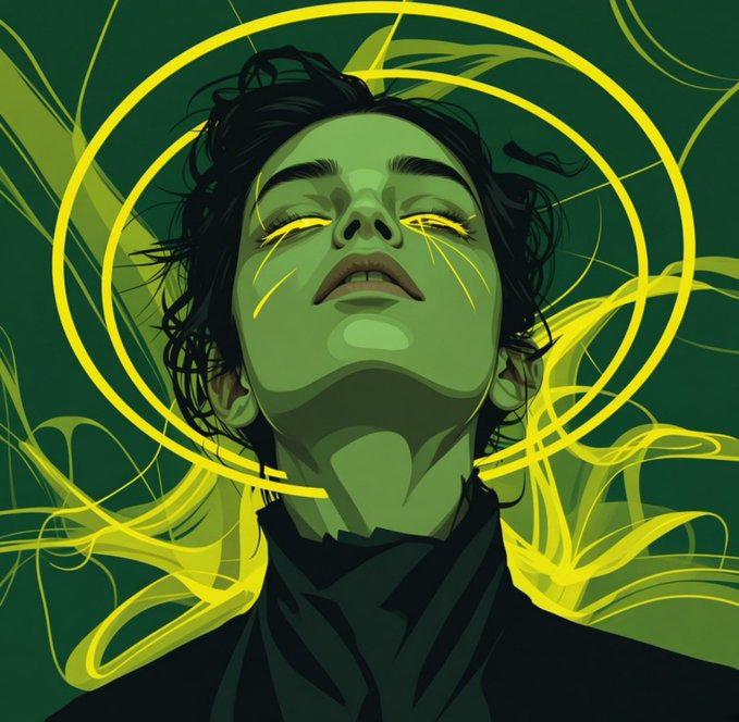An illustrated portrait of a person with green skin and dark hair, their eyes closed, surrounded by swirling yellow ribbons against a green background.