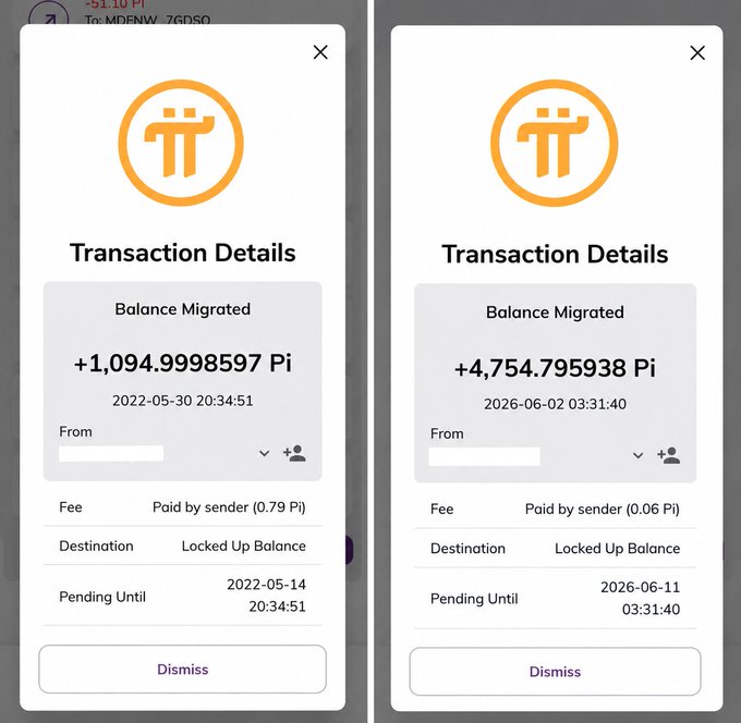 The image shows two different screens with transaction details displayed for a payment made by sender 0x09398537 Pi. The first screen displays the transaction details, while the second screen has a summary of the transaction. Both screens show that the payment was successful and the balance has been transferred to the sender's account.