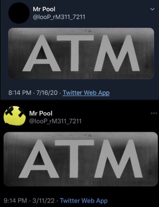 Two tweets from user "Mr Pool" (@looP_rM311_7211) posted roughly 20 months apart (7/16/20 and 3/11/22) both featuring identical images of a metallic "ATM" sign, humorously underscoring a repetitive observation about ATMs.