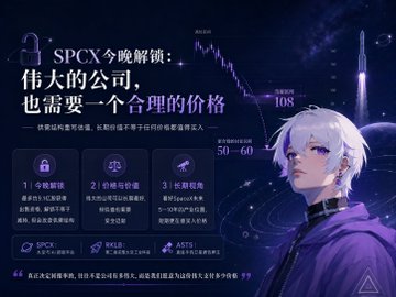 A promotional graphic for SPCX's upcoming unlock announcement, featuring an anime-style character in a purple hoodie alongside a stock chart showing a price drop to 108. The image displays three unlock tiers (1%, 2%, 3%) for different shareholder types and emphasizes the message "伟大的公司，也需要一个合理的价格" (A great company also needs a reasonable price), with text noting the 50-60 day relevant arrangements and 5-day price action observations.