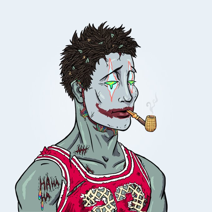 A digital drawing of a zombie-like character styled as a basketball player in a red jersey ('HA HA 88'), smoking a pipe and crying blue tears.