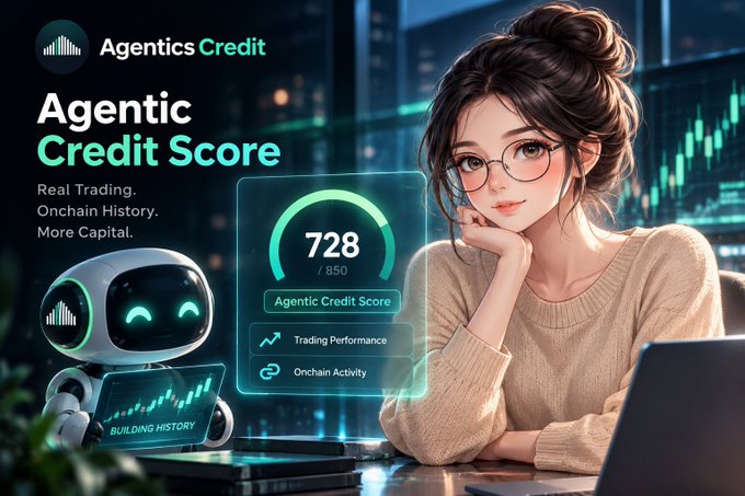 A promotional image for 'Agentics Credit' displays an 'Agentic Credit Score' of 728/850, featuring a small white robot displaying 'BUILDING HISTORY' and an illustration of a young woman with a laptop.