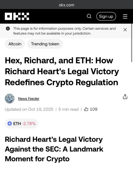 The image shows a screenshot of a social media app where a post is displayed titled "Hex, Richard Heart's Legal Victory Against the SEC. A Landmark Moment for Crypto". The text contains references to Richard Heart, ETH; and Roth; and Richard Heart's legal victory against the SEC in a landmark moment for crypto. The surrounding content seems to be an article that discusses this event on an online platform like OKX.