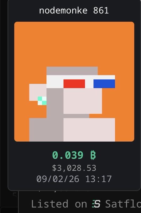 A digital collectible card for "nodemonke 861" showing a pixel art monkey wearing 3D glasses on an orange background, priced at 0.039 ₿ ($3,028.53) with a timestamp of 09/02/26 13:17 and listed on Satflc, illustrating the author's point about undervalued "blue chip" NodeMonkes NFTs that they believe will surge well above $10k USD as Bitcoin approaches its previous all-time high.