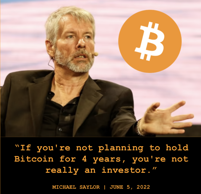 The image features a man wearing a suit and tie with a beard, standing up and giving a speech or presentation. The background of the image has a pinkish-orange hue, which contrasts with the black text that reads "If you're not planning to hold Bitcoin for 4 years, you're not really an investor." This quote is attributed to Michael Sayor, who was born in June 5, 1992 and passed away on June 5, 2012. The post also includes a link to the original article where this quote can be found.