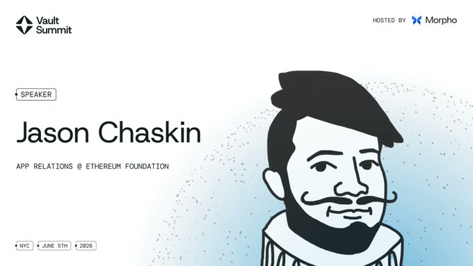 The image features a poster for an event called "Ethereum is the settlement layer for DeFi, stablecoins, and an expanding share of institutional onchain activity" with a man's face drawn above his name. The poster also includes the date, time, location, and speaker information. The post mentions that Jason Chaskin will be speaking at the event in June 5th, New York City.