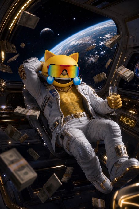 A digital artwork of a yellow cartoon cat ('MOG') wearing sunglasses and an astronaut suit, floating in space with money flying around while holding a champagne glass, with Earth visible in the background.