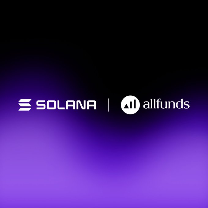 A logo graphic on a purple-to-black gradient background displays 'SOLANA | allfunds' in white text, indicating a partnership between the two brands.