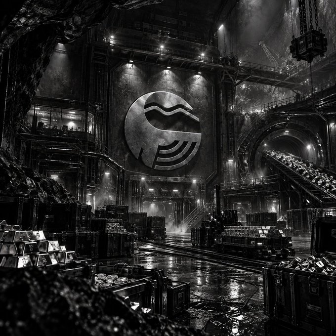 A dark, atmospheric black-and-white digital artwork depicts an industrial mining facility with a large circular emblem featuring wave-like symbols on the central wall.