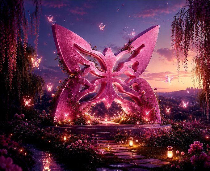 A fantastical 3D-rendered scene features a large pink butterfly-shaped monument surrounded by glowing butterflies, flowers, and lanterns at sunset.