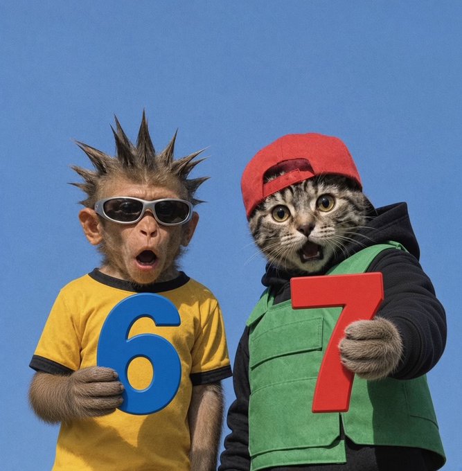 A punk-styled monkey wearing sunglasses and a yellow shirt holds up a blue '6', standing next to a surprised tabby cat in a red backwards cap and green vest holding a red '7'.