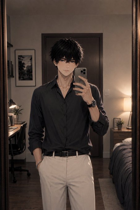 An anime-style illustration of a dark-haired young man taking a mirror selfie with a smartphone, wearing a black button-up shirt and white pants in a bedroom.
