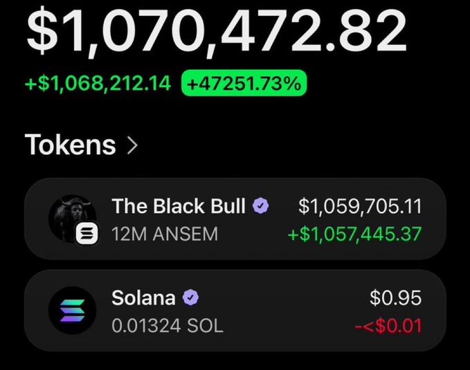 The image displays a cryptocurrency wallet balance of over $1 million, with a significant portion attributed to "12M ANSEM" from "The Black Bull," mirroring the post's claim of receiving a $1M airdrop in $ANSEM tokens.