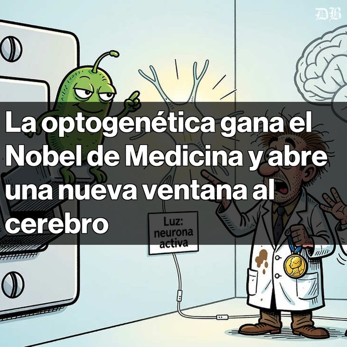 A cartoon illustration about optogenetics winning the Nobel Prize in Medicine, featuring a pickle-like character pointing at a surprised researcher next to a neuron labeled 'Luz: neurona activa'.