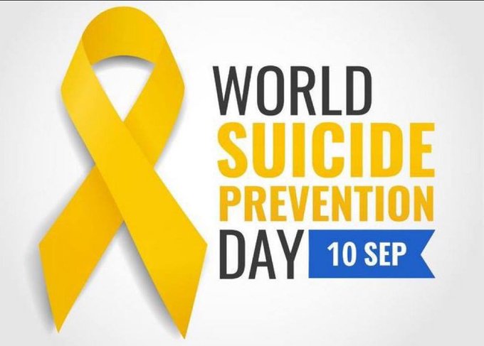 An awareness graphic for 'WORLD SUICIDE PREVENTION DAY 10 SEP' featuring a large yellow awareness ribbon.