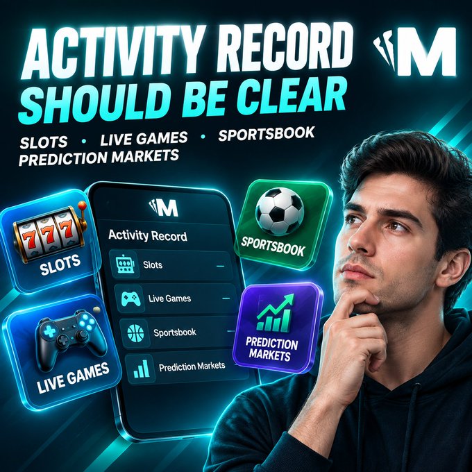 A promotional advertisement featuring a man looking thoughtfully to the side, alongside a smartphone displaying an app interface for 'M' with categories like 'Slots', 'Live Games', 'Sportsbook', and 'Prediction Markets', under the text 'ACTIVITY RECORD SHOULD BE CLEAR'.