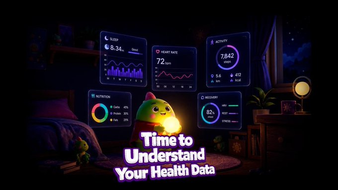 A cute green creature holds a glowing orb in a cozy bedroom at night, surrounded by floating health dashboards displaying Sleep (8h 34m), Heart Rate (72 bpm), Activity (7,842 steps), Nutrition, and Recovery (82%) metrics, with the caption "Time to Understand Your Health Data." The image visually reinforces the post's message about Sleepagotchi by presenting the app's full suite of health-tracking features in an approachable, gamified style rather than overwhelming users with raw data.