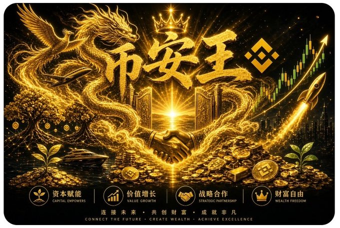 A promotional graphic for Binance (币安王) featuring a golden dragon, a phoenix, and symbols for capital empowerment, value growth, strategic partnership, and wealth freedom.