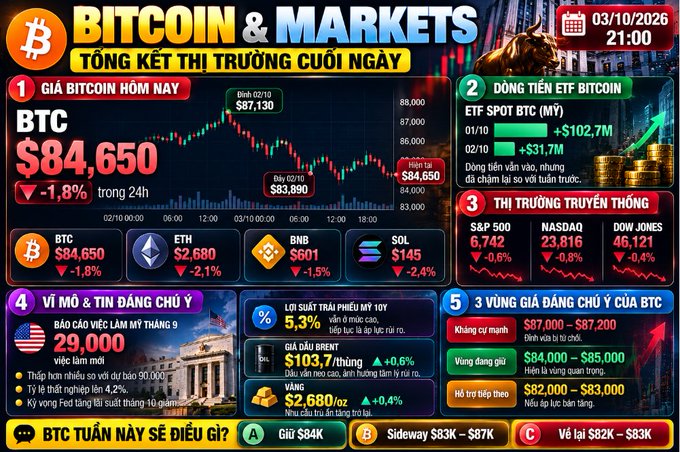 Bitcoin and markets summary infographic dated 03/10/2026 showing BTC at $84,650 (down 1.8%), along with crypto prices, S&P 500, NASDAQ, Dow Jones, US macro data, oil/gold prices, and BTC price zones.