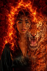An AI-generated artwork depicting a woman with fiery hair surrounded by flames, accompanied by a roaring tiger engulfed in similar flames.