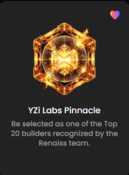A promotional graphic with a fiery orange 3D cube logo stating 'YZi Labs Pinnacle' - 'Be selected as one of the Top 20 builders recognized by the Renaissance team.'