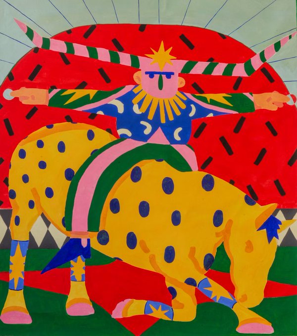 A colorful, surrealist-style painting depicting a figure with striped horns riding or merged with a yellow, blue-spotted animal against a vibrant red and green background.