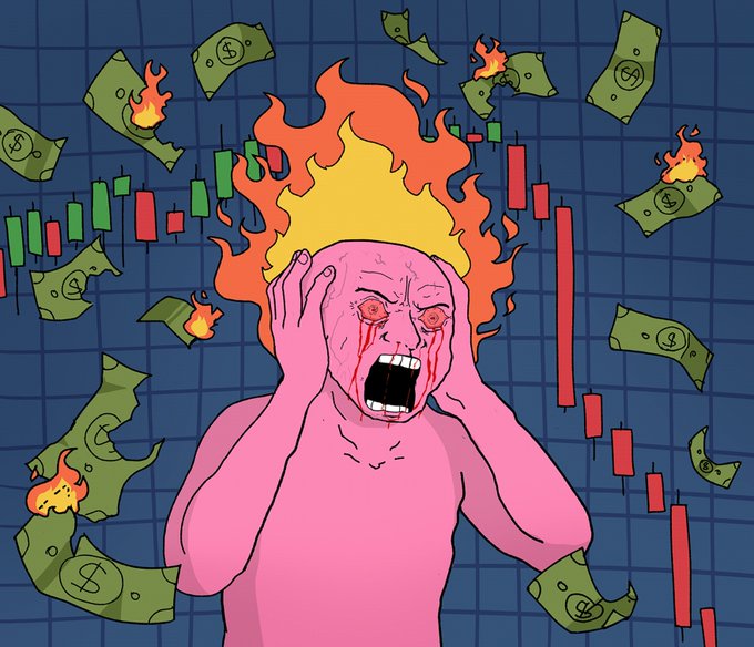 A distraught pink cartoon figure with a flaming head screams while clutching his face, surrounded by burning dollar bills and a sharply dropping red-and-green candlestick chart, illustrating the post's warning that meme PNL screenshots are often fake and that taking real profits on volatile coins can still leave traders burned.