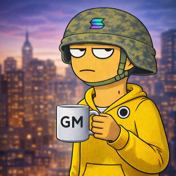 An animated character in a yellow hoodie and military helmet holds a white mug labeled 'GM' against a city skyline backdrop.
