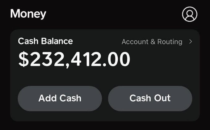 A Money app screen displays a cash balance of $232,412.00 with "Add Cash" and "Cash Out" buttons. The image relates to the post by showing the user has sufficient funds to send the $2,750 they want to gift to someone.