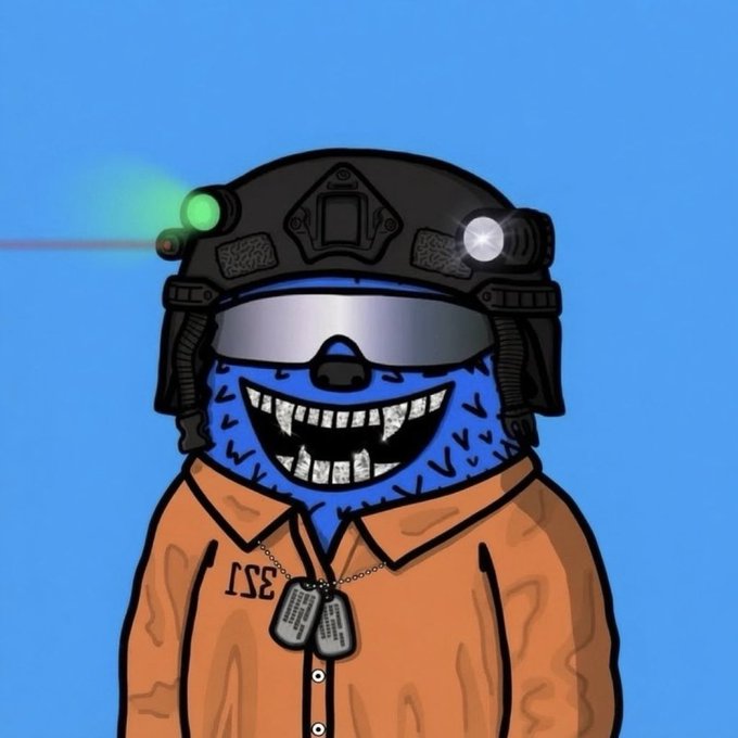 A cartoon illustration of a blue furry character with a wide toothy grin, wearing tactical gear with a helmet-mounted flashlight, goggles, and an orange prison uniform with dog tags labeled '351'.