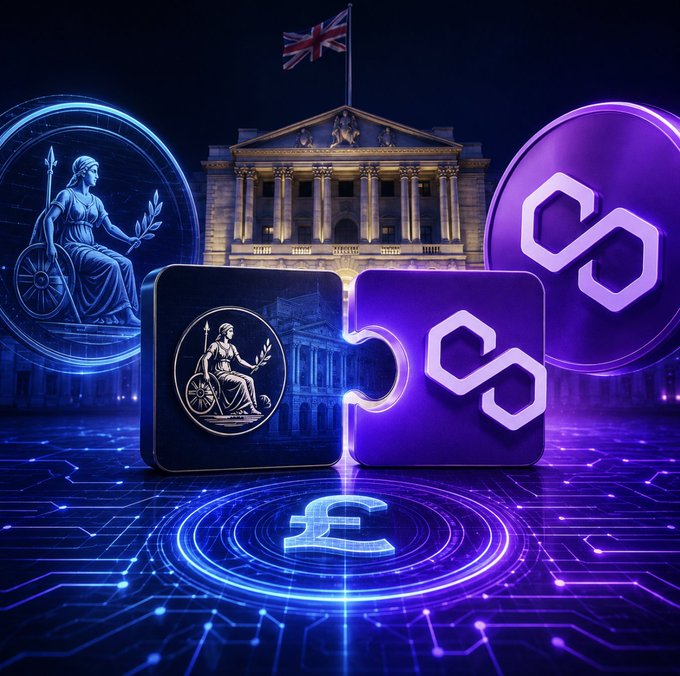 A glowing digital composition shows the Bank of England building beneath a Union Jack, flanked by illuminated purple Polygon ($POL) tokens and a pound symbol (£), with two interlocking puzzle-piece tiles in the foreground depicting a Britannia coin and the Polygon logo — visually representing $POL's integration into the Bank of England's Digital Pound Lab and the convergence of UK central banking with onchain finance.