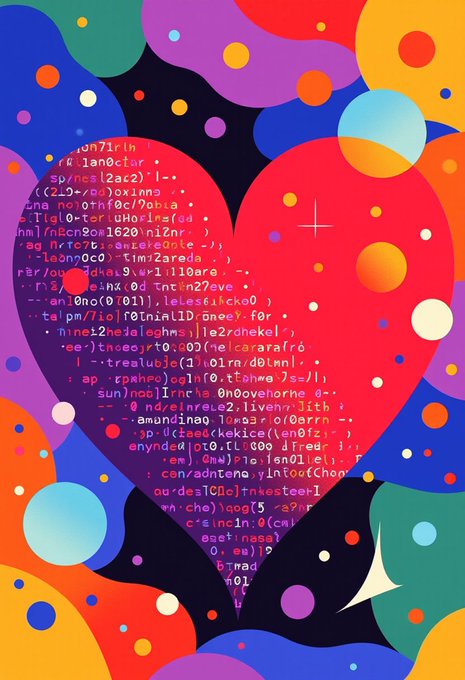 A vibrant, colorful digital artwork featuring a large red heart filled with computer code text overlaid on a background of abstract shapes, circles, and bright colors in orange, blue, purple, and yellow.