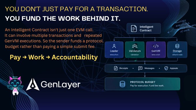 A promotional graphic for "GenLayer" illustrates how transactions fund work behind them, highlighting intelligent contracts with components like Leader, Validators, GenVM, and Storage, with the tagline "Pay → Work → Accountability".