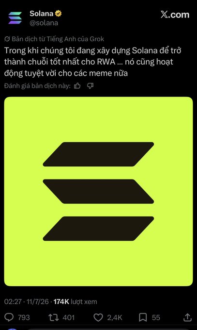 A tweet from the official Solana (@solana) account featuring the Solana logo, a large green image with three black parallelogram shapes, and Vietnamese text about building Solana for RWA.