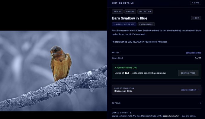 An NFT marketplace listing for 'Barn Swallow in Blue,' a Limited Edition 1/10 photograph by @PapaBearded, part of the Bluescreen Birds collection, listed at $2.50.