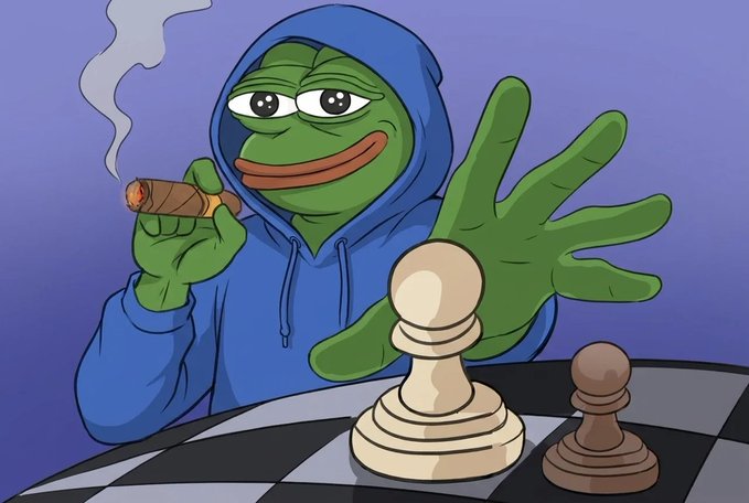 A cartoon illustration of the Pepe the Frog meme character wearing a blue hoodie, smoking a cigar, and playing chess while reaching forward.