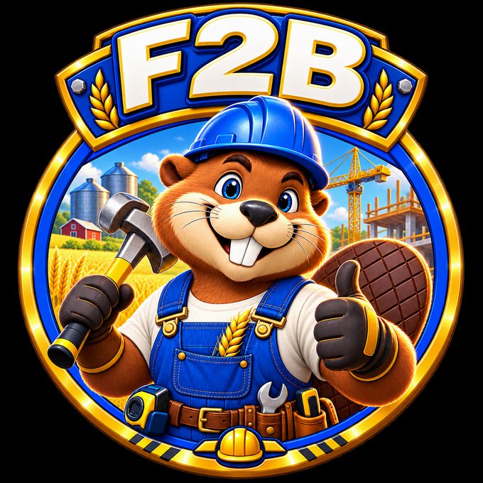 A colorful logo for 'F2B' featuring a cartoon beaver character wearing a blue hard hat and overalls, holding a hammer and a chocolate bar.