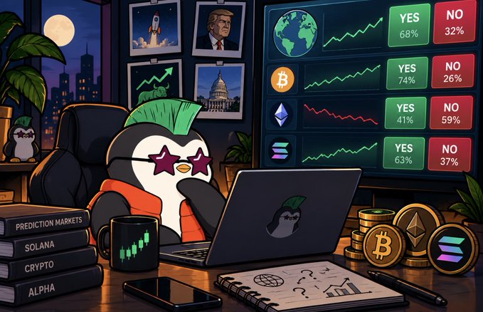 A colorful digital illustration of a penguin with green mohawk hair and star-shaped sunglasses sitting at a desk with a laptop, surrounded by prediction market data showing YES/NO percentages for Earth, Bitcoin, Ethereum, and Solana, along with books labeled 'PREDICTION MARKETS,' 'SOLANA,' 'CRYPTO,' and 'ALPHA.'