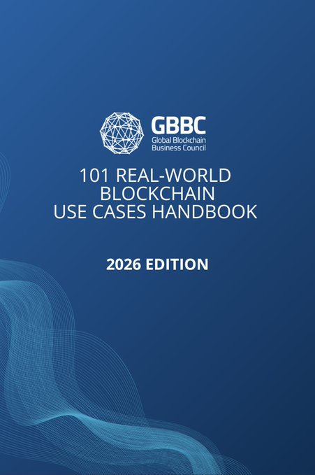 The image shows the cover of the "101 Real-World Blockchain Use Cases Handbook - 2026 Edition" published by the Global Blockchain Business Council (GBBC), featuring their logo and a blue geometric design. This serves as the promotional cover image for the linked full report on blockchain use cases.