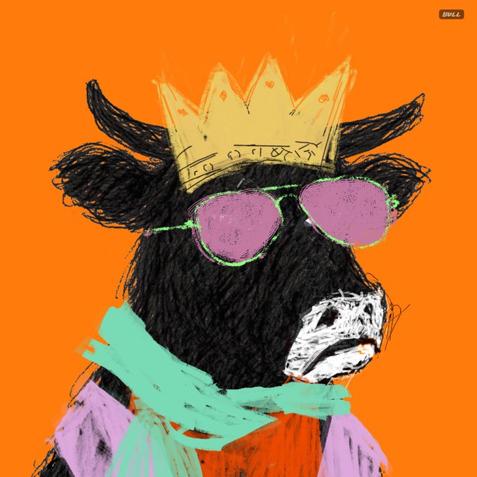 Stylized digital artwork of a black bull/cow character wearing a gold crown, pink sunglasses, and a teal scarf against an orange background, with 'BULL' watermark in the corner.