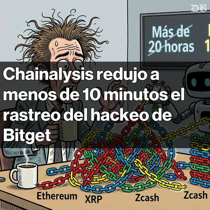 A cartoon image of a stressed man tangled in cryptocurrency chains (Ethereum, XRP, Zcash) with Spanish text 'Chainalysis redujo a menos de 10 minutos el rastreo del hackeo de Bitget' and 'Más de 20 horas'.