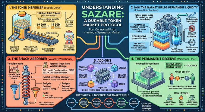 A detailed infographic titled 'Understanding Sazare: A Durable Token Market Protocol' with five parts explaining the Token Dispenser, Market Liquidity, Shock Absorber, Permanent Floor, and Add-ons.