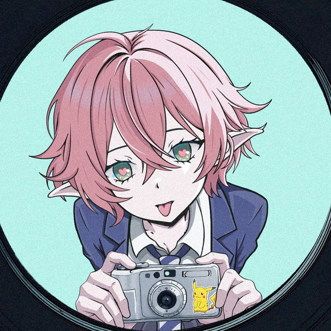 An anime-style illustration of a pink-haired elf-like character with heart-shaped eyes holding a camera that has a Pikachu sticker on it.