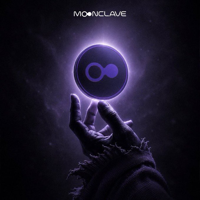 Mysterious purple-toned image showing a hand holding a glowing circular coin with an infinity-like symbol, branded with "MOONCLAVE" at the top.