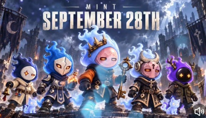 A fantasy-style promotional graphic featuring five masked characters with blue and purple flame-like hair standing in front of a gothic castle, advertising 'MINT' on 'September 28th'.