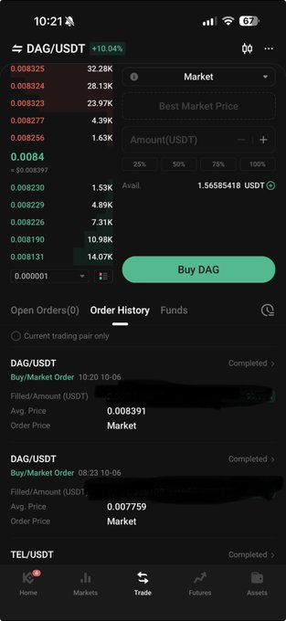 Mobile screenshot of a crypto trading app showing a DAG/USDT order book with the token up 10.04%, an available balance of 1.56585418 USDT, a 'Buy DAG' button, and a completed order history.