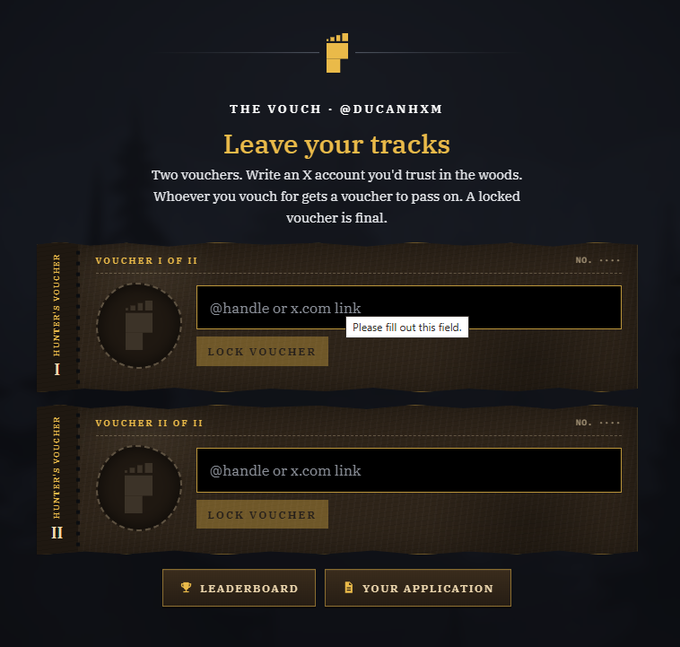 A dark interface for 'THE VOUCH - @DUCANHXM' titled 'Leave your tracks' featuring two hunter's vouchers where users input an X (Twitter) account or link, with leaderboard and application buttons.